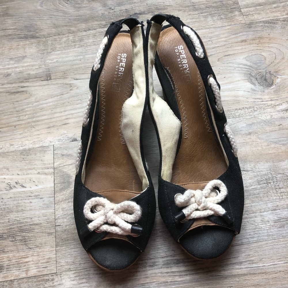 Sperry peep toe wedge black shoes rope